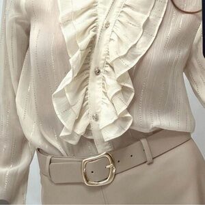 Zara Elegant Cream Ruffled Blouse with Silver Metallic Threading Size XL